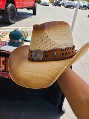 Womans Tan Straw Western Cowboy Hat with Decorative Band